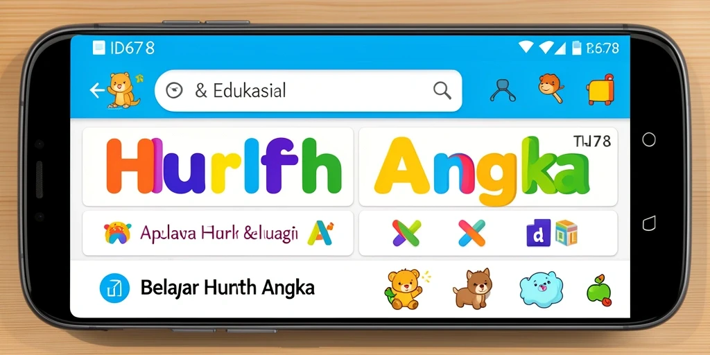 Tampilan antarmuka interaktif ID678 untuk belajar huruf dan angka.
