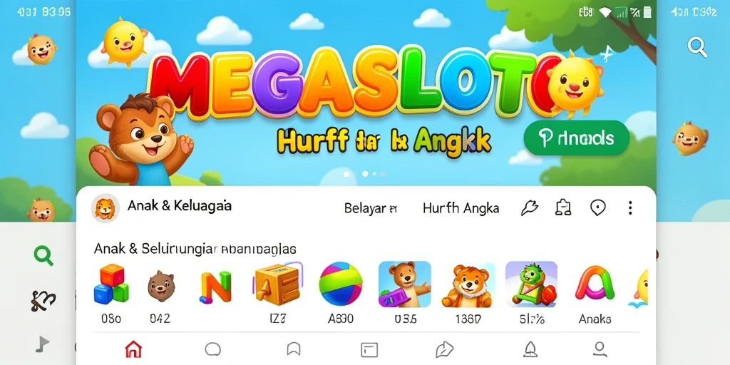 Screenshot antarmuka MEGASLOTO yang menampilkan fitur belajar huruf dan angka.